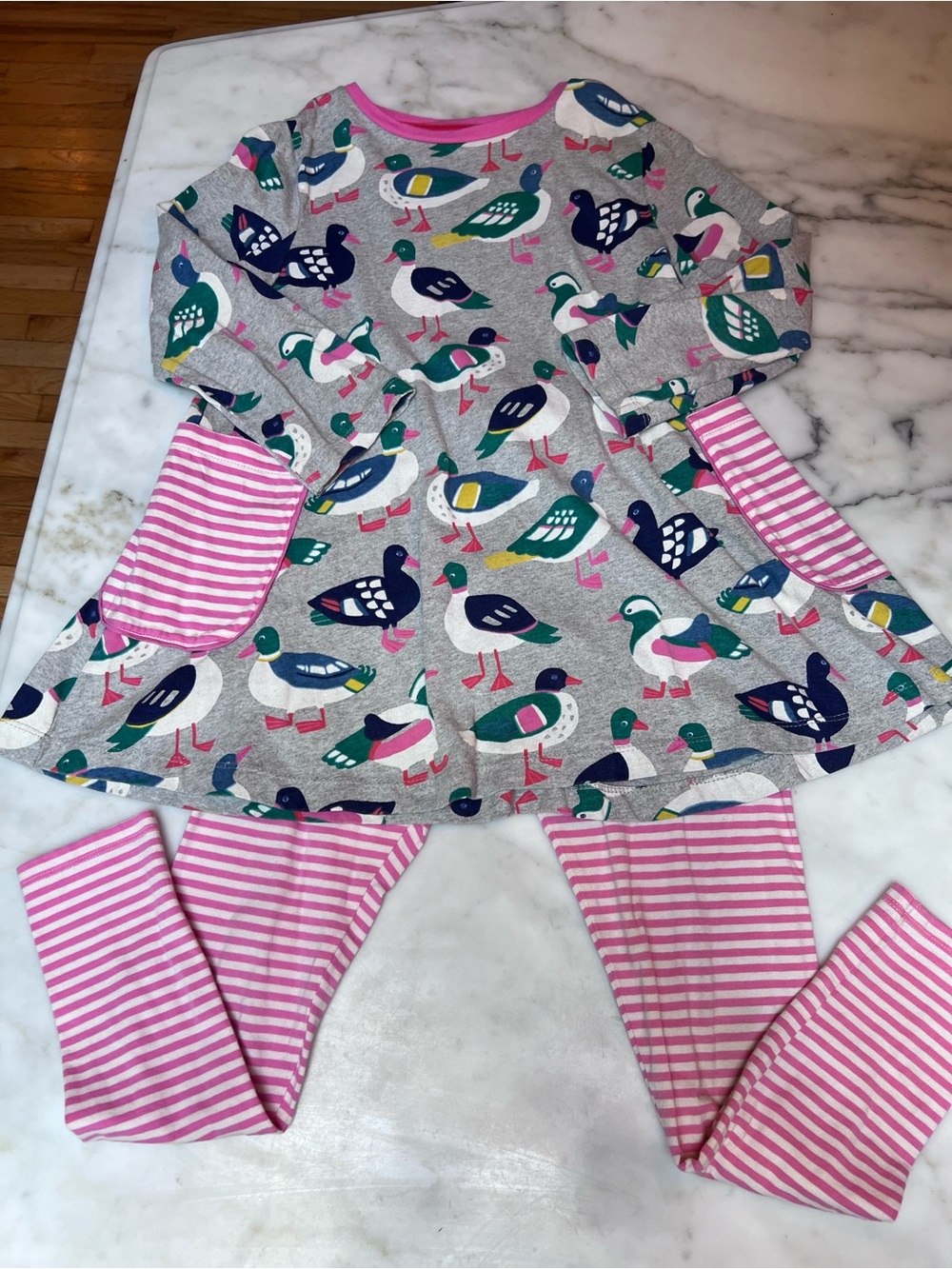 Mini Boden Gray Duck Print Pajama Set with Pink Accents